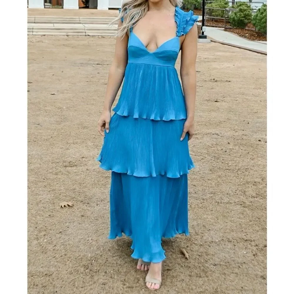 Blush Women’s Blue Ruffle Shoulder Tiered Modi Dress Sz Large
